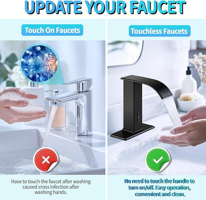 Touchless Sensor Bathroom Sink Faucet for 1 Hole, Waterfall Automatic Hands-Free Matte Black Lavatory Faucets, Easy Installation, Smart Infrared Modern Design for Home Commercial, Battery Powered