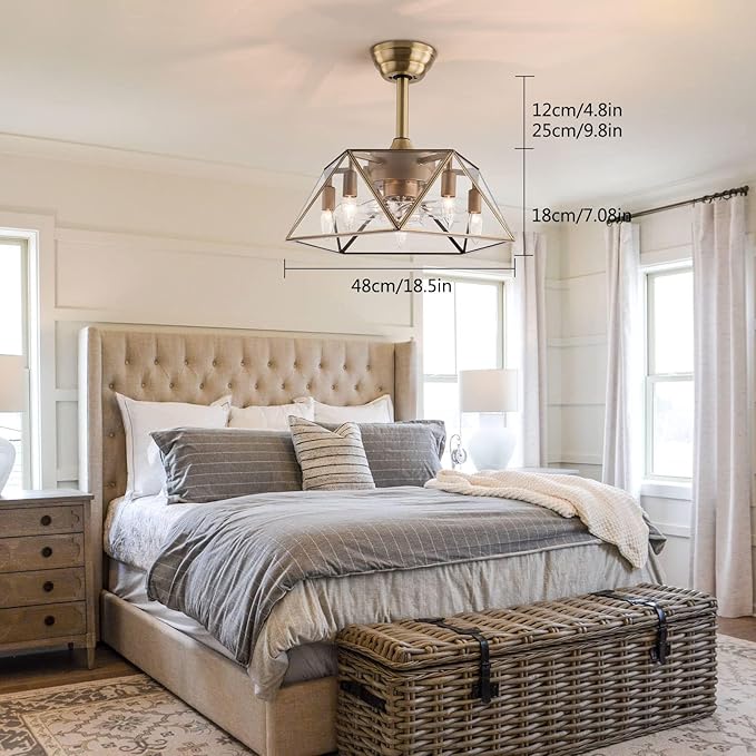 OUKANING Caged Fandelier Ceiling Fan with Light, Golden Ceiling Fans with Remote Control & Noiseless 35db - Farmhouse Rustic Bladeless Ceiling Fans Chandelier Retro Lighting Fixture (Pentagram)