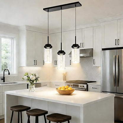 MELUCEE Dimmable LED Pendant Light 3-Light Linear Dining Room Light Fixture Over Table Black Chandelier, 3000K-6000K Adjustable Color Temperature Island Lights with Clear Glass Shade