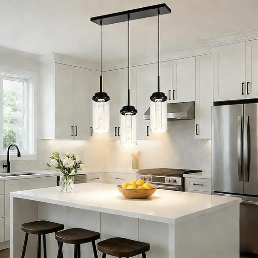 MELUCEE Dimmable LED Pendant Light 3-Light Linear Dining Room Light Fixture Over Table Black Chandelier, 3000K-6000K Adjustable Color Temperature Island Lights with Clear Glass Shade