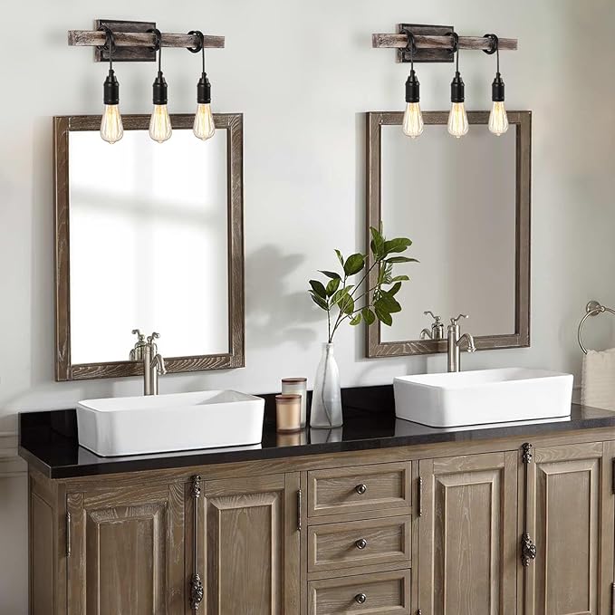 3 Lights Vintage Wall Sconce, Farmhouse Industrial Bare Bulb Wire Wrapped Wood Beam Linear Bathroom Vanity Light