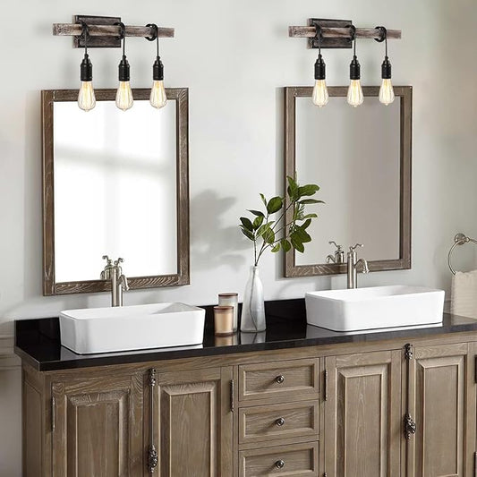 3 Lights Vintage Wall Sconce, Farmhouse Industrial Bare Bulb Wire Wrapped Wood Beam Linear Bathroom Vanity Light