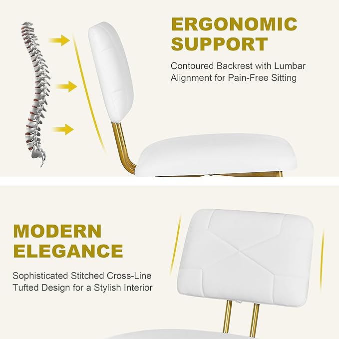 VECELO Dining Chairs Set of 2, Modern Upholstered Kitchen Chairs with Faux Leather Cushion Seat & Metal Legs for Kitchen, Living Room, Tufted Backrest Design, White