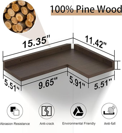 4 Tier Floating Corner Shelves - Set of 4 Rustic Wooden Floating Corner Wall Shelf with Cord Hole, L Shaped Corner Shelf Wall Mount for Bedroom,Living Room,Bathroom,Kitchen, Walnut Color