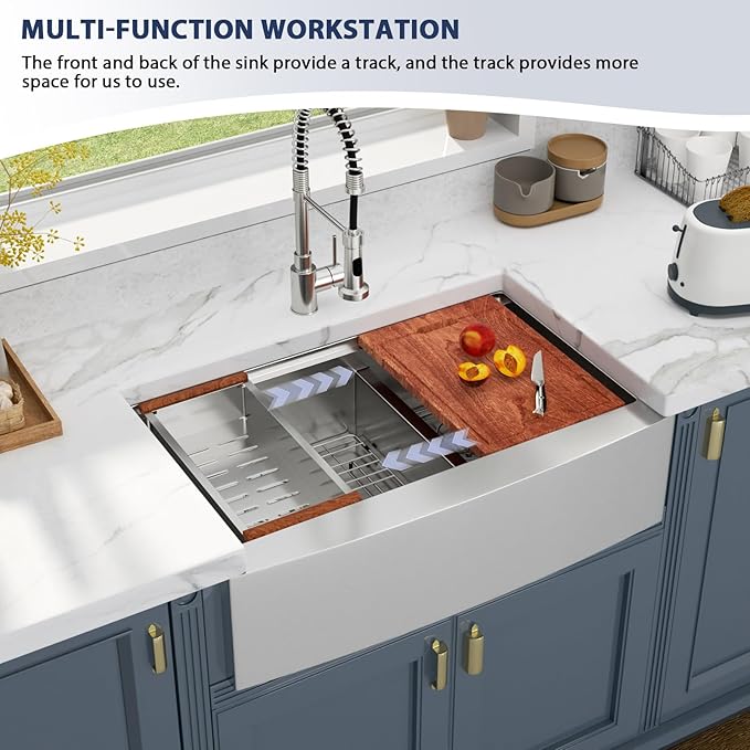 33 Farmhouse Sink Double Bowl - Lordear 33x22 Stainless Steel Kitchen Sinks Apron Front Double Basin 60/40 Low Divide Workstation Farm Sinks with Buit in Accessories, 9" Apron Height