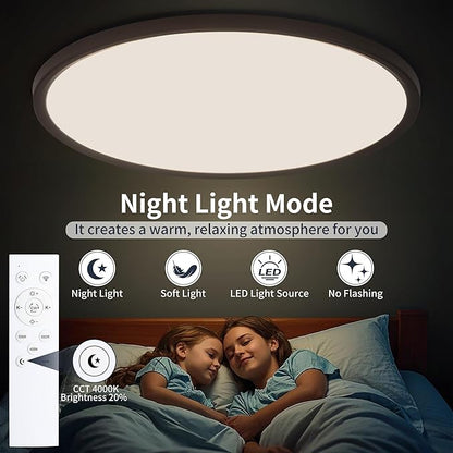 20 Inch Flush Mount Ceiling Light with Remote, 45W Dimmable LED Fixture 4500LM, 3000K-6500K Adjustable, Round Ceiling Lamp for Bedroom, Kitchen, Living Room, Dining Room, Bathroom, Black
