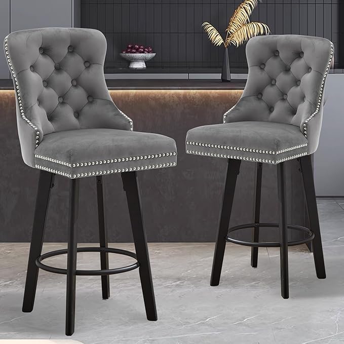 Swivel Bar Stools Velvet Bar stools Button Tufted Bar Stools Rivet Trim Bar Stools for Kitchen Island,Bistro, with Metal Pull Ring Sturdy Footrest Large Backrest for Home Bar,Dark Gray 2pcs