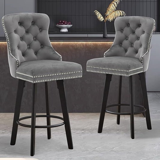 Swivel Bar Stools Velvet Bar stools Button Tufted Bar Stools Rivet Trim Bar Stools for Kitchen Island,Bistro, with Metal Pull Ring Sturdy Footrest Large Backrest for Home Bar,Dark Gray 2pcs