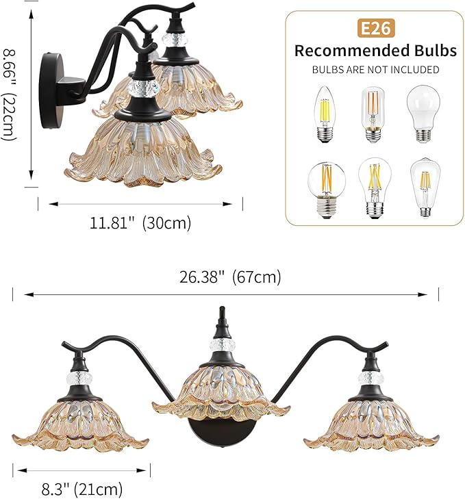 Vintage Bathroom Vanity Light Fixtures - 3 Light Antique Matte Black Bathroom Lights Fixture Over Mirror with Amber Flower Glass,Retro High End Wall Mounted Vanity Lighting for Bath Powder Room