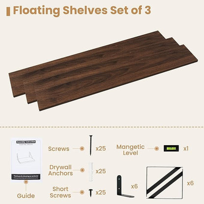 Heimlove Floating Book Shelves for Wall,47.2 Inches Long Wall Mounted Bookshelves,Heavy Duty Bracket Shelves for Living Room Kitchen,Laundry Room Storage & Decor,Set of 3,Walnut