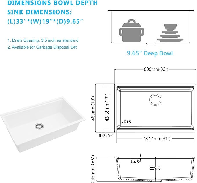 Kichae 33 Granite Composite Kitchen Sink - 33"x19" Grainte Kitchen Sink Workstation Undermount Quartz Sink White Deep Single Bowl Basin