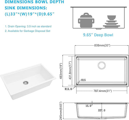 Kichae 33 Granite Composite Kitchen Sink - 33"x19" Grainte Kitchen Sink Workstation Undermount Quartz Sink White Deep Single Bowl Basin