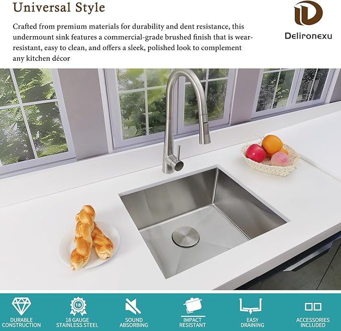 15x18 Inch Bar Sink Undermount – Delironexu 18 Gauge Stainless Steel Small Kitchen Sink, 15"x18"x7" Small Bar Sinks, Single Bowl Wet bar sink with Brushed Finish for Outdoor, RV, and Prep Use