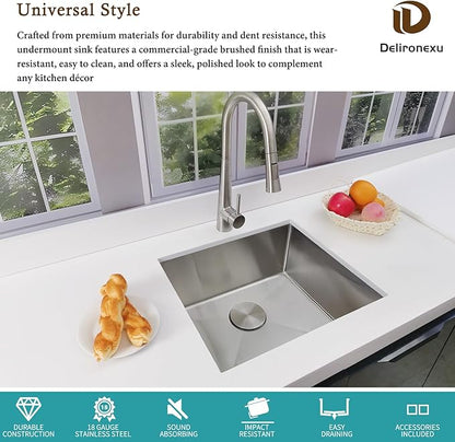 15x18 Inch Bar Sink Undermount – Delironexu 18 Gauge Stainless Steel Small Kitchen Sink, 15"x18"x7" Small Bar Sinks, Single Bowl Wet bar sink with Brushed Finish for Outdoor, RV, and Prep Use