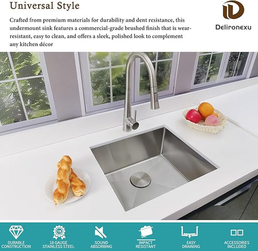 15x18 Inch Bar Sink Undermount – Delironexu 18 Gauge Stainless Steel Small Kitchen Sink, 15"x18"x7" Small Bar Sinks, Single Bowl Wet bar sink with Brushed Finish for Outdoor, RV, and Prep Use