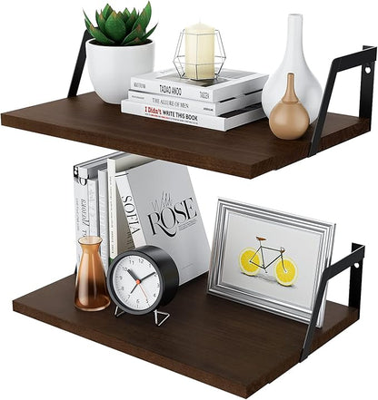 SRIWATANA Floating Shelves Wall Mounted Set of 2 Rustic Wood Shelves with Large Capacity(Dark Walnut)