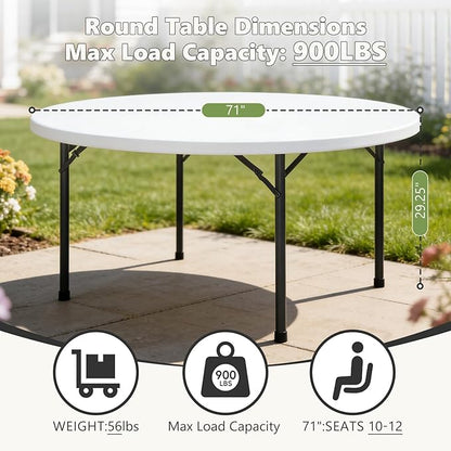 71" Folding Round Table, Plastic Dinner Table, Portable Folding Banquet Table for Living Room, Party or Outdoor Event, White