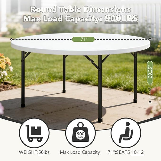 71" Folding Round Table, Plastic Dinner Table, Portable Folding Banquet Table for Living Room, Party or Outdoor Event, White