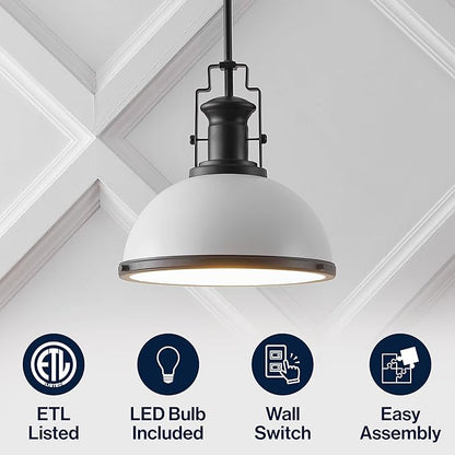 JONATHAN Y 13" Matte Black/White Modern Industrial Iron LED Dome Pendant Light, Adjustable Hanging Fixture for Kitchen Island or Entryway, Black Metal Shade, LED Bulb Included (JYL9536E)