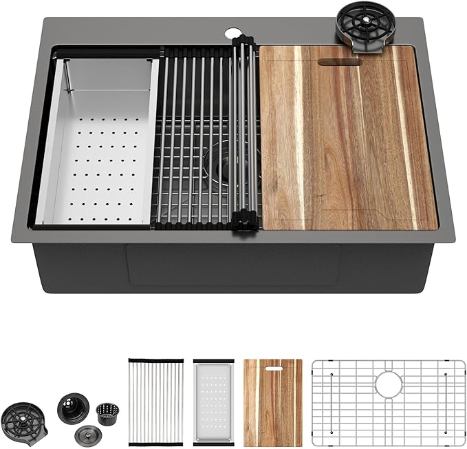 30 Black Kitchen Sink Drop In - Kichae 30 x 22 Drop In Kitchen Sink Workstation Gunmetal Black Nano Coating 304 Stainless Steel 16 Gauge with Glass Rinser & Cutting Board