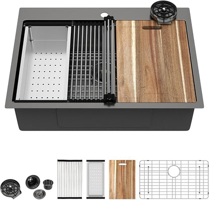30 Black Kitchen Sink Drop In - Kichae 30 x 22 Drop In Kitchen Sink Workstation Gunmetal Black Nano Coating 304 Stainless Steel 16 Gauge with Glass Rinser & Cutting Board