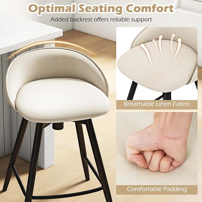 Giantex Swivel Bar Stools Set of 2, 25" Counter Height Bar Chairs with Footrest, Low Backs & Metal Frame, Upholstered Line Fabric Barstools for Kitchen Island, Cafe & Pub, Beige