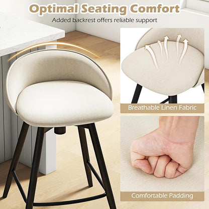 Giantex Swivel Bar Stools Set of 2, 25" Counter Height Bar Chairs with Footrest, Low Backs & Metal Frame, Upholstered Line Fabric Barstools for Kitchen Island, Cafe & Pub, Beige