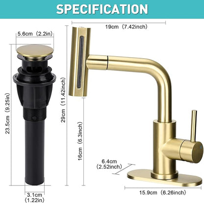 Bathroom Sink Faucet with 4 Mode Pull Down Sprayer, Brushed Gold Single Handle Pull Out Faucet with Pop-Up Drain, 1 or 3 Hole Laundry Bar Basin Faucet with Deck Plate