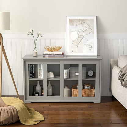 Sideboard Buffet Cabinet, Stackable Cupboard Storage Table with Adjustable Shelf & Glass Sliding Doors, Wooden Credenza Coffee Bar Cabinet for Kitchen/Dining Room/Living Room/Entryway (Grey)
