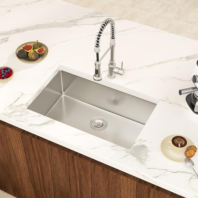 28 Inch Undermount Kitchen Sink Single Bowl 18 Guage Stainless Steel 28"x18"x9" Deep Under Counter Kitchen Sinks Basin R10 Round Corners Handmade Sink