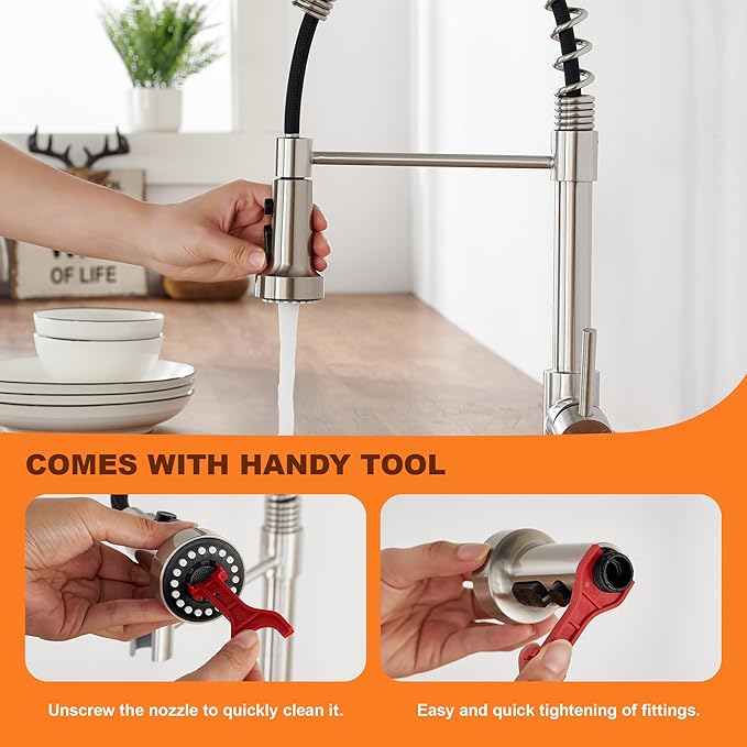 TIORIY with 15 Adapters Pull Down Kitchen Sink Faucet Head Replacement, 3 Functions Plastic Kitchen Sink Sprayer Nozzle Replacement for Kitchen Faucet, Pause Mode (Brushed Nickel)