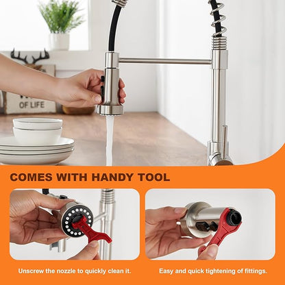 TIORIY with 15 Adapters Pull Down Kitchen Sink Faucet Head Replacement, 3 Functions Plastic Kitchen Sink Sprayer Nozzle Replacement for Kitchen Faucet, Pause Mode (Brushed Nickel)