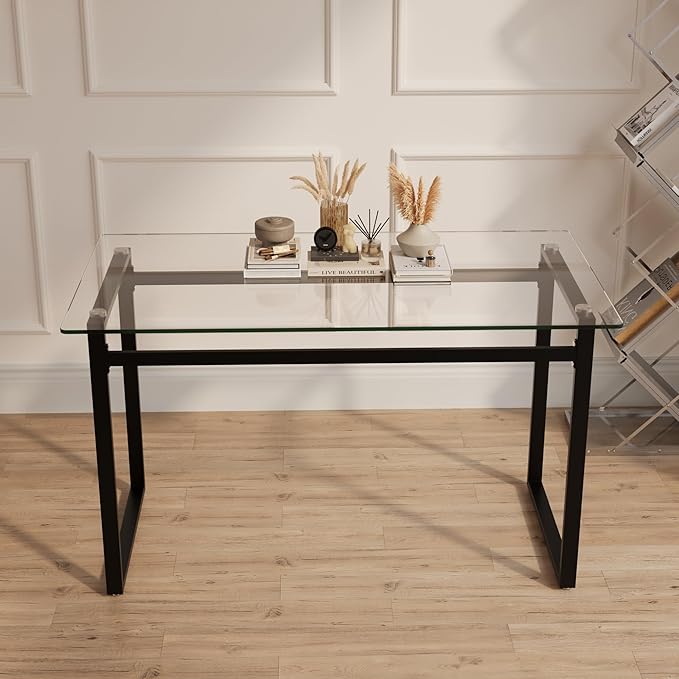 51" Modern Minimalist Rectangular Glass Dining Table for 4-6 with 0.31" Tempered Glass Tabletop and Chrome Metal Legs, Writing Table Desk for Kitchen Dining Living Room (Clear&Black)