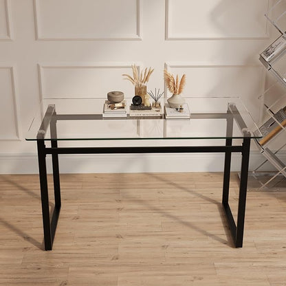 51" Modern Minimalist Rectangular Glass Dining Table for 4-6 with 0.31" Tempered Glass Tabletop and Chrome Metal Legs, Writing Table Desk for Kitchen Dining Living Room (Clear&Black)