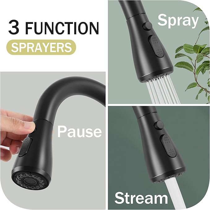Herogo Black Kitchen Sink Faucet Set with Pull Down Sprayer and Soap Dispenser, Stainless Steel Rv Outdoor Kitchen Faucet for 1-3 Hole with Pop Up Drain, Deck Plate and Supply Hose