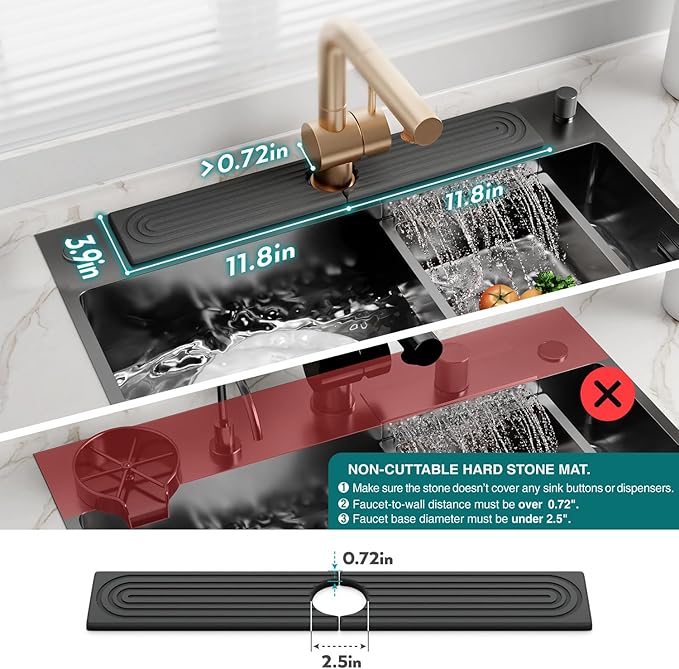 eormoe Kitchen Sink Splash Guard – Stone Faucet Mat for Kitchen Sink, Diatomite Drying Mat, Modern Kitchen & Bathroom Countertop Accessories (Dark Grey, 23.6" x 3.9")