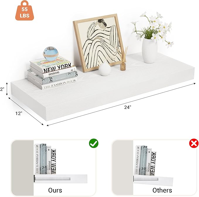 Heimlove 24 x 12 Inch Deep Floating Shelves Wall Mounted with Invisible Brackets,Storage Hanging Shelf for Wall Decor in Bathroom, Bedroom, Toilet, Kitchen, Living Room, Office Set of 1 (White)