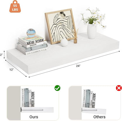 Heimlove 24 x 12 Inch Deep Floating Shelves Wall Mounted with Invisible Brackets,Storage Hanging Shelf for Wall Decor in Bathroom, Bedroom, Toilet, Kitchen, Living Room, Office Set of 1 (White)