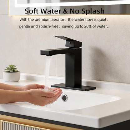 Matte Black Bathroom Faucet Single Hole, 304 Stainless Steel Lead-Free Faucet with Anti-Fingerprint Surface, Single Handle Vanity Faucet with Deck Plate and Pop-Up Drain