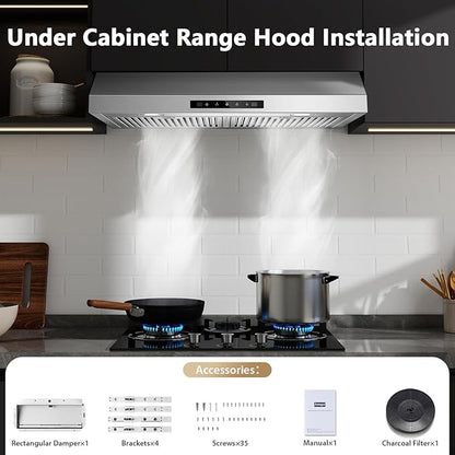 Range Hood 30 inch Under Cabinet, 800 CFM Stainless Steel Range Hood with Gesture and Touch Control, kitchen hood with Carbon Filter, 3 Fan Speed, Ducted/Ductless Convertible