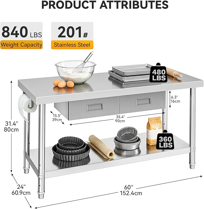 DWVO 60x24in Stainless Steel Table, NSF Metal Prep Worktable with 2 Drawers for Kitchen Restaurant Hotel Garage Warehouse Home