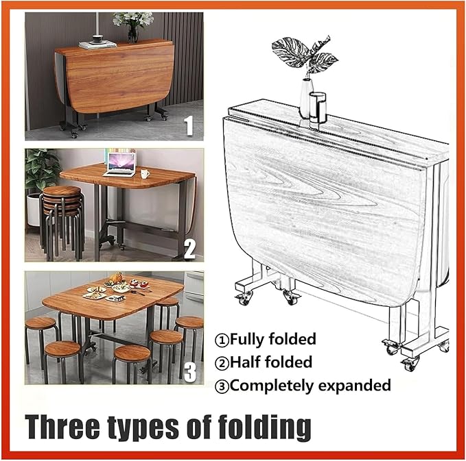47.2×27.6in/31.5in Wooden Foldable Kitchen Table, Dual Drop Leaf Dinette Table for 4-8 People, Extendable Folding Kitchen Table for Small Spaces, Dining Room, Dinner, Dinette, Living Room, Apartment(4