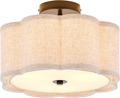 Semi Flush Mount Ceiling Light, Beige Linen Fabric Shade Ceiling Light, Black Modern Farmhouse Close to Ceiling Light for Bedroom, Hallway, Living Room, Dining Room, Laundry Room