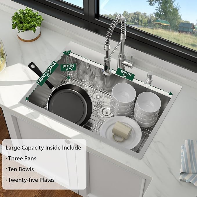 30 Inch Drop In Kitchen Sink, 16 Gauge 304 Stainless Steel 30x22 Drop In Ledge Workstation Sink, Topmount Single Bowl Basin Handmade Sink Above Counter, 30''x22''x10''