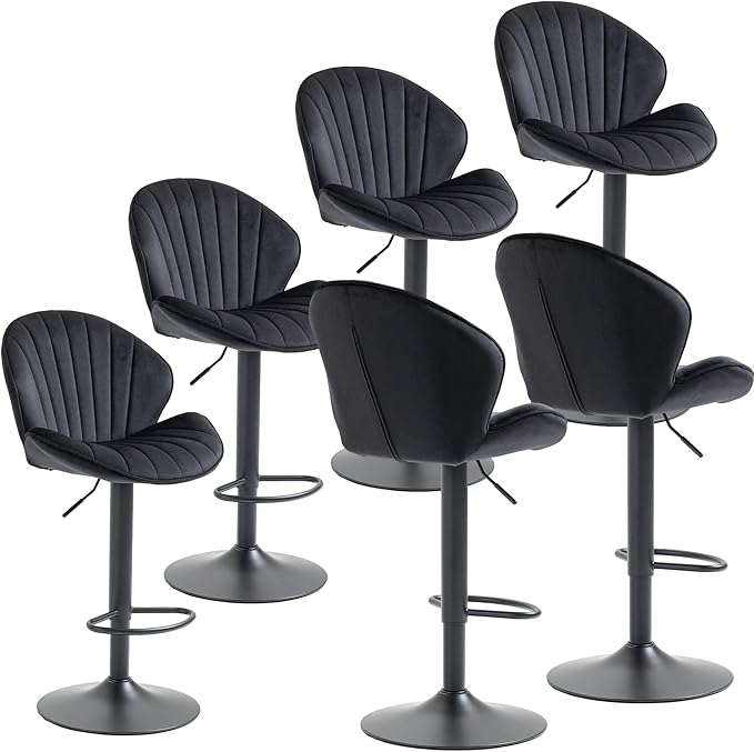 Rhomtree 24-32 Inch Swivel Bar Stools, Adjustable Counter Height Barstools, Velvet Tufted Upholstered and Footrest Barstools, Upholstered Bar Chairs for Home Bar Kitchen Island(Black Set of 6)
