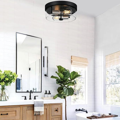 Flush Mount Ceiling Light Fixtures, 2-Light Black and Silver Ceiling Mount for Farmhouse with Seeded Glass Lampshade, Industrial Flush Mount Light Fixture for Hallway, Kitchen, Entryway and Foyer