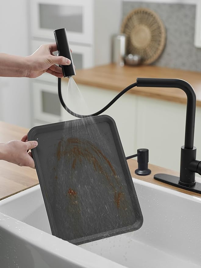 Black Kitchen Faucets with Pull Down Sprayer,Waterfall Kitchen Sink Faucet with Soap Dispenser,Utility Stainless Steel Kitchen Faucet,Single Handle Kitchen Faucet with Pull Down Sprayer for 3 Function