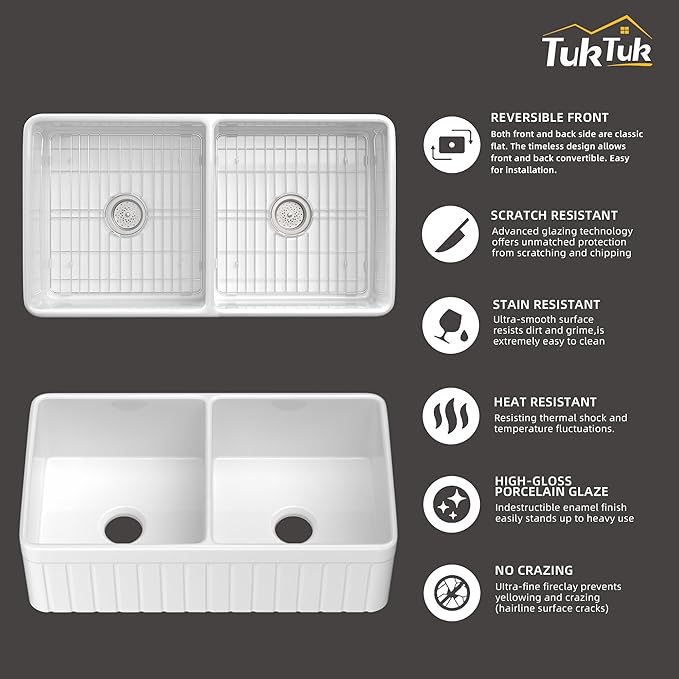 TUKTUK Farmhouse Sink 33 x 18 Inch 50/50 Fireclay Apron Front Farm House White Kitchen Sink Double Bowl Undermount Reversible Heavy Duty Porcelain Kitchen Basin with Modern Accessory Kit