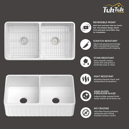 TUKTUK Farmhouse Sink 33 x 18 Inch 50/50 Fireclay Apron Front Farm House White Kitchen Sink Double Bowl Undermount Reversible Heavy Duty Porcelain Kitchen Basin with Modern Accessory Kit