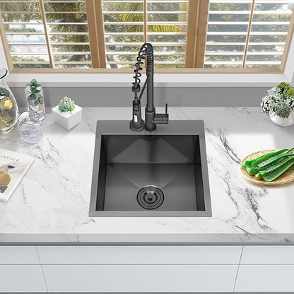 FRANIC 18" Handmade Black Bar Workstation Sink, 18" x 18" x 9" Stainless Steel Matte Nano Black Topmount Single Bowl Small Kitchen Outdoor Sink
